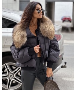 Късо дамско яке с гъши пух и естествена лисица в черно